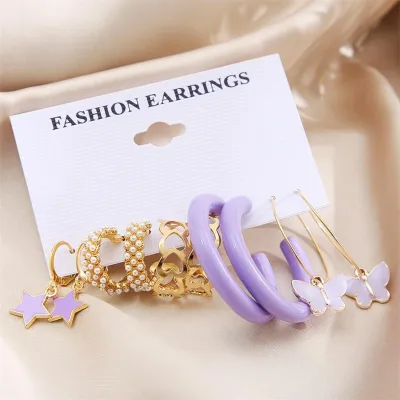 Trendy Purple Butterfly Star Heart Hoop Earring Set 